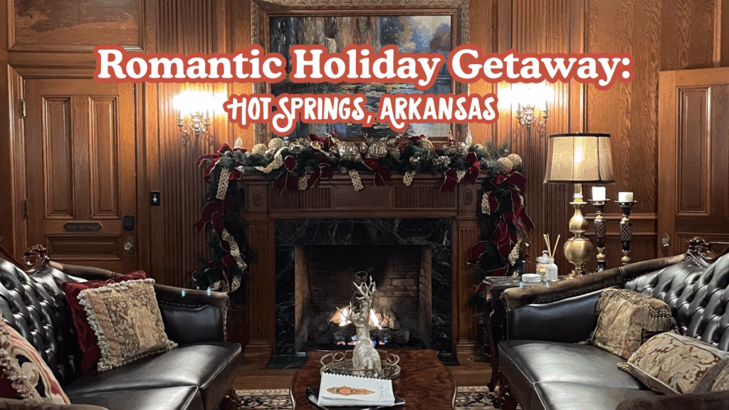 Fireplace room at The Reserve in Hot Springs, Arkansas decorated with garland for Christmas, romantic holiday getaway setting for couples.